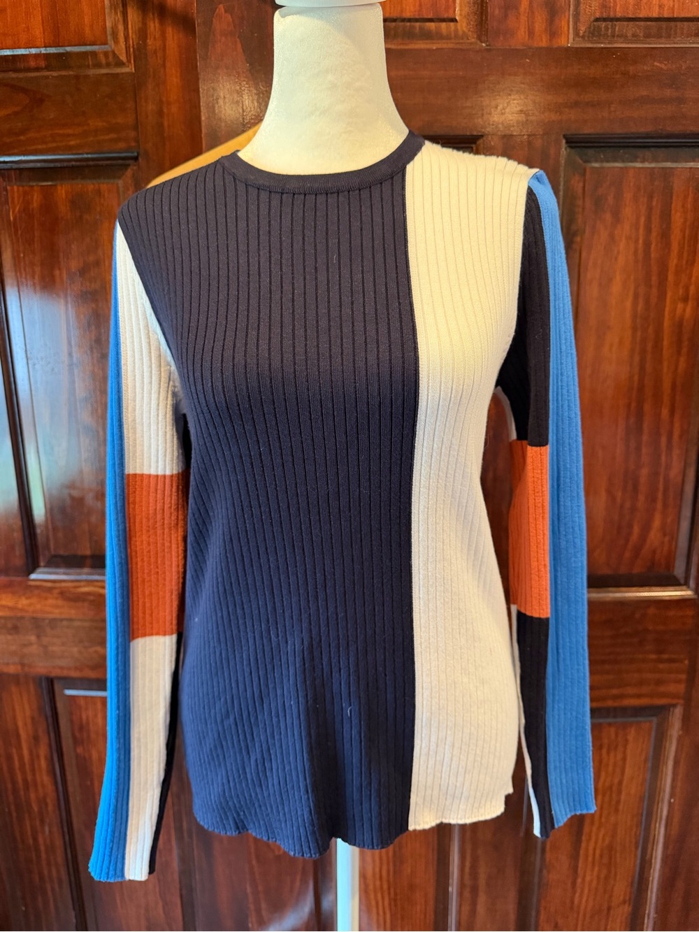 YAL Colorblock Ribbed Knit Sweater - Navy, Cream, Blue & Rust